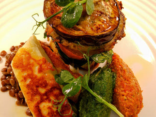 Roasted Aubergine Tian, Seared Vegan Halloumi, Spiced Lentils, Romesco & Salsa Verde - Adnams PLC