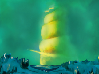 A surreal landscape featuring a ghostly ship against a green sky.