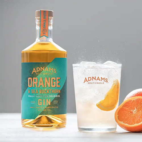 Adnams Orange and Sea Buckthorn Gin Bottle with perfect serve. A zesty G&T with a slice of fresh orange.
