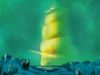 A surreal landscape featuring a ghostly ship against a green sky.