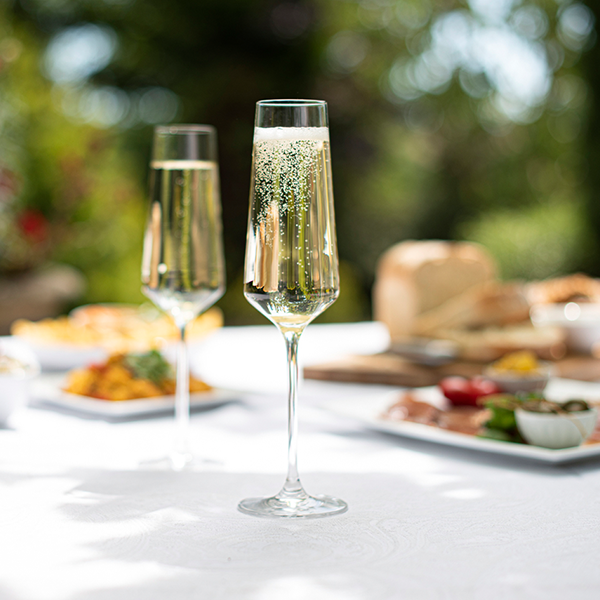 Two Glasses of sparkling wine on a picnic table