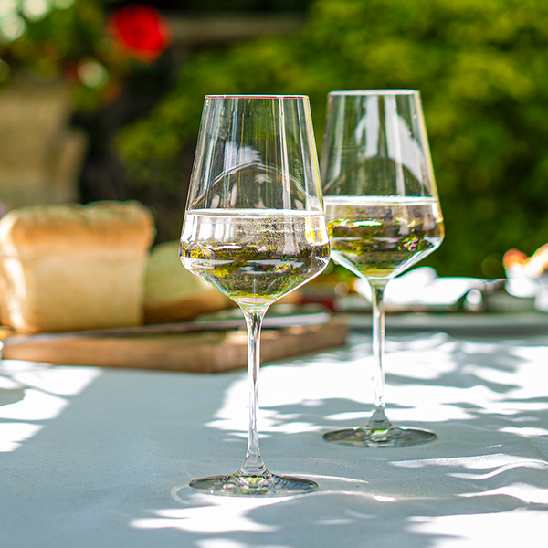 Two glasses of white wine on a picnic table